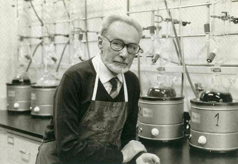 Author and chemist Primo Levi in the lab